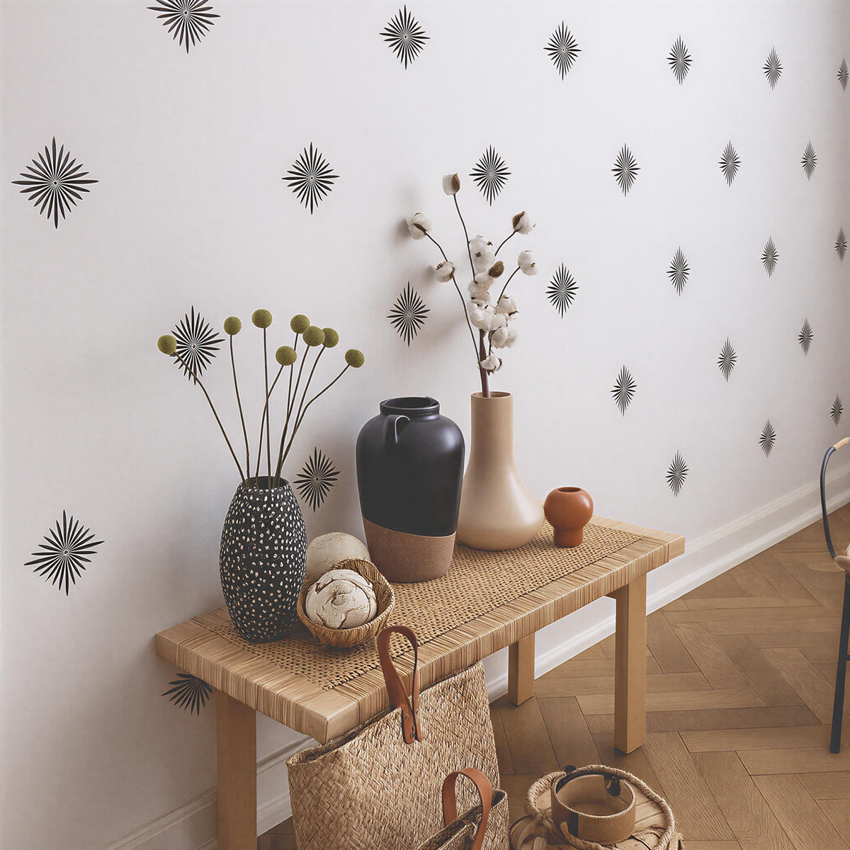 Mid Century Starburst Wall Decals installed on a styled wall