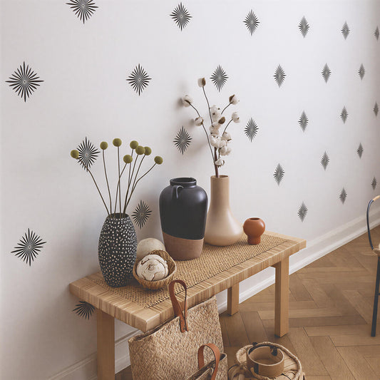 Mid Century Starburst Wall Decals installed on a styled wall