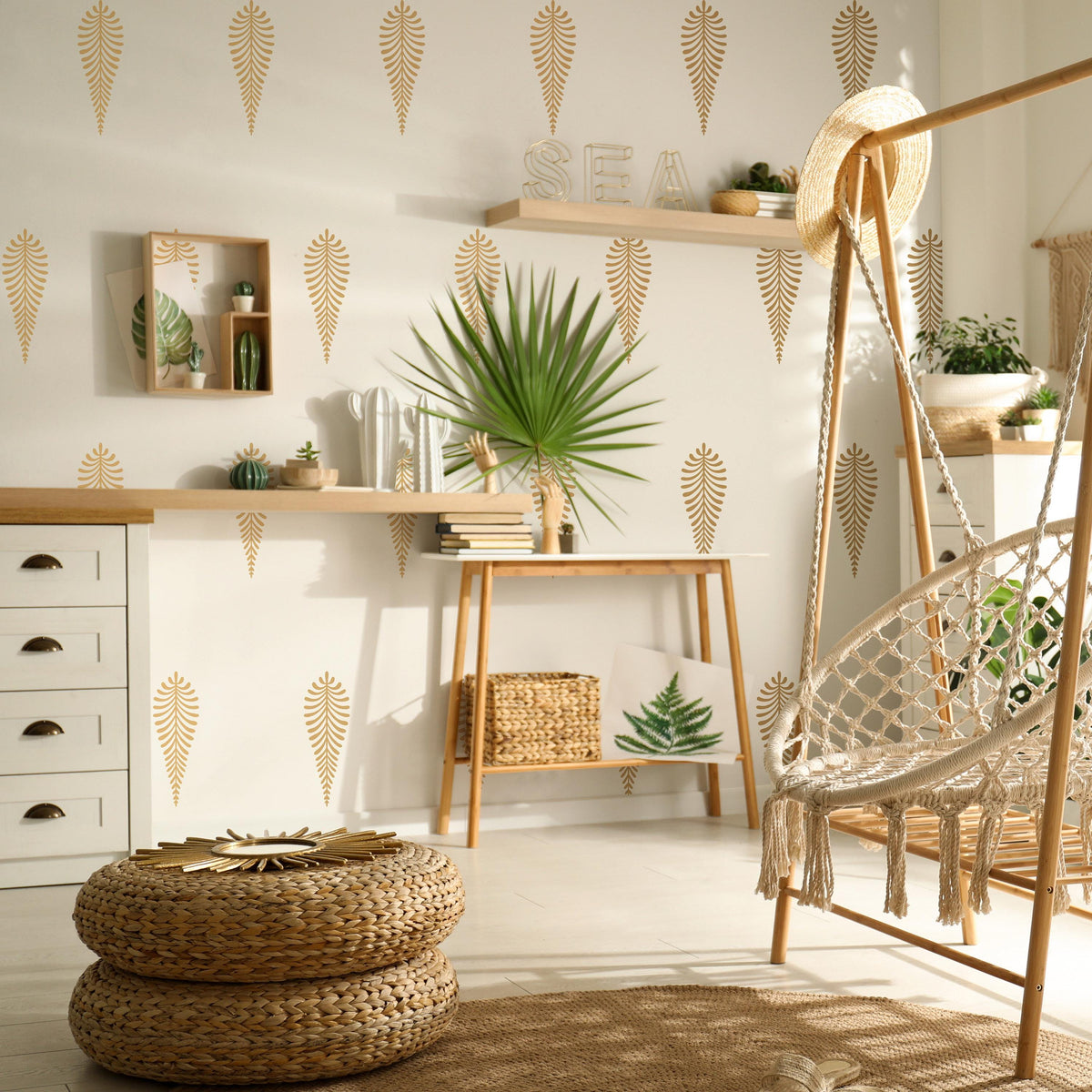 Fern Leaf Wall Decals Set of 34 or styled in a room setting