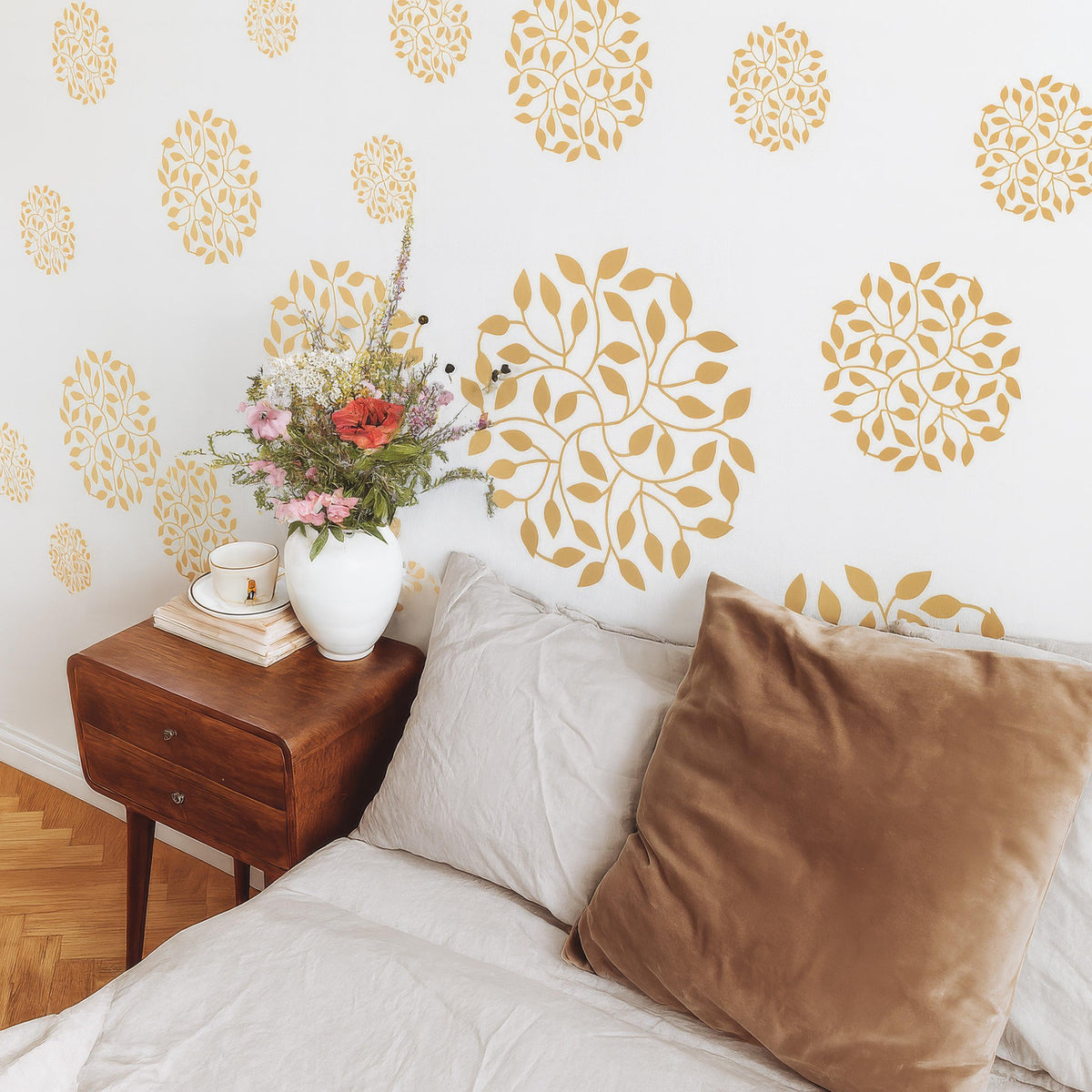 Abstract Flower Wall Decals Set of shown in a home interior