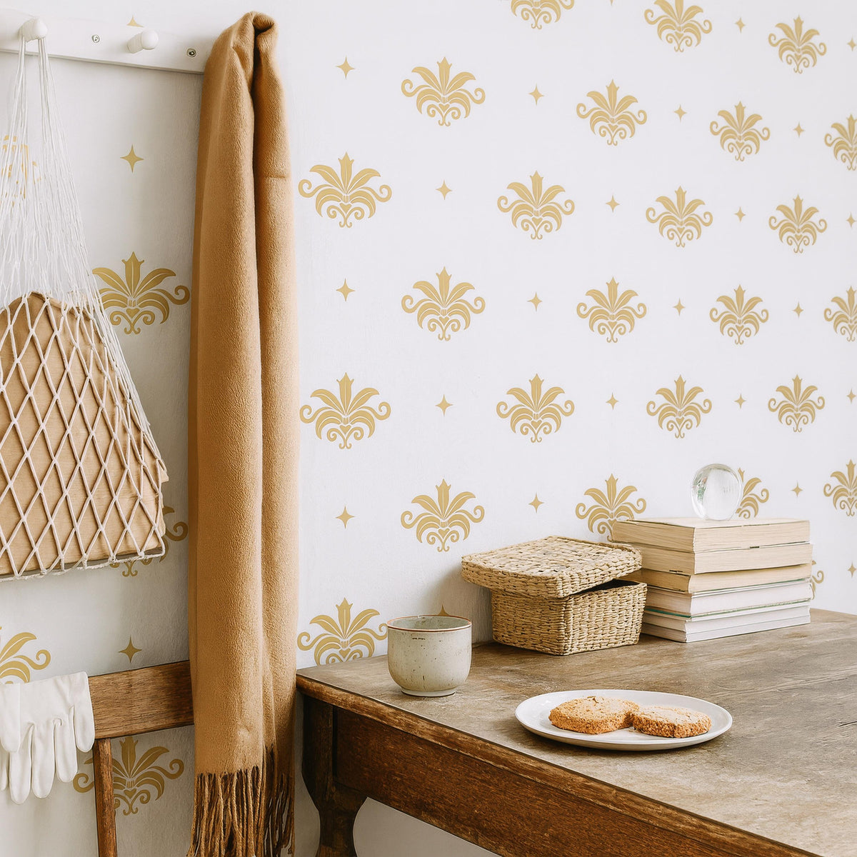 Floral Damask Wall Decals Set of 24 with 48 Small Stars or 48 with 96 Small Stars shown in a home interior