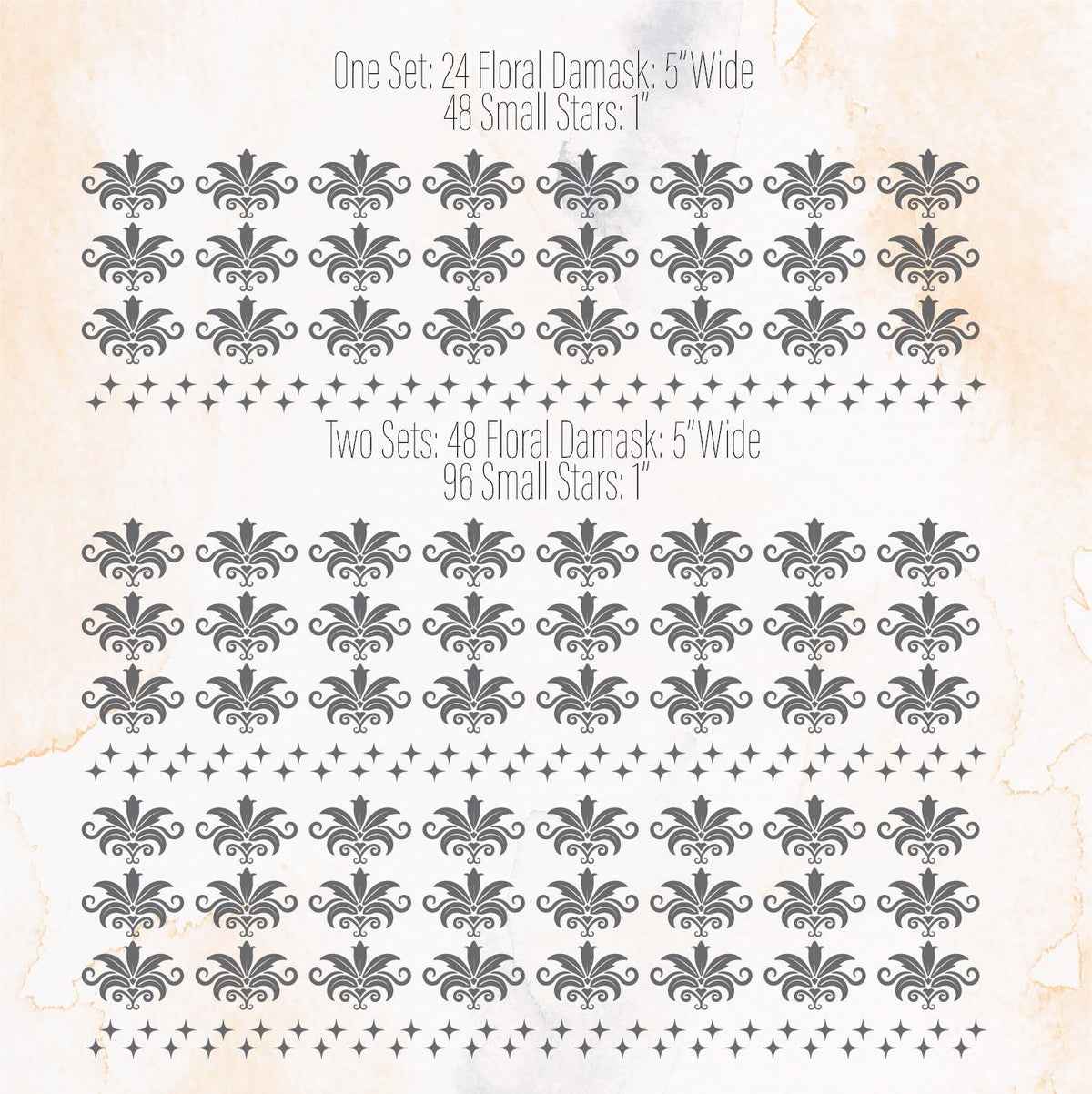 Close-up detail of floral damask wall decals set of 24 with 48 small stars or 48 with 96 small stars matte vinyl finish
