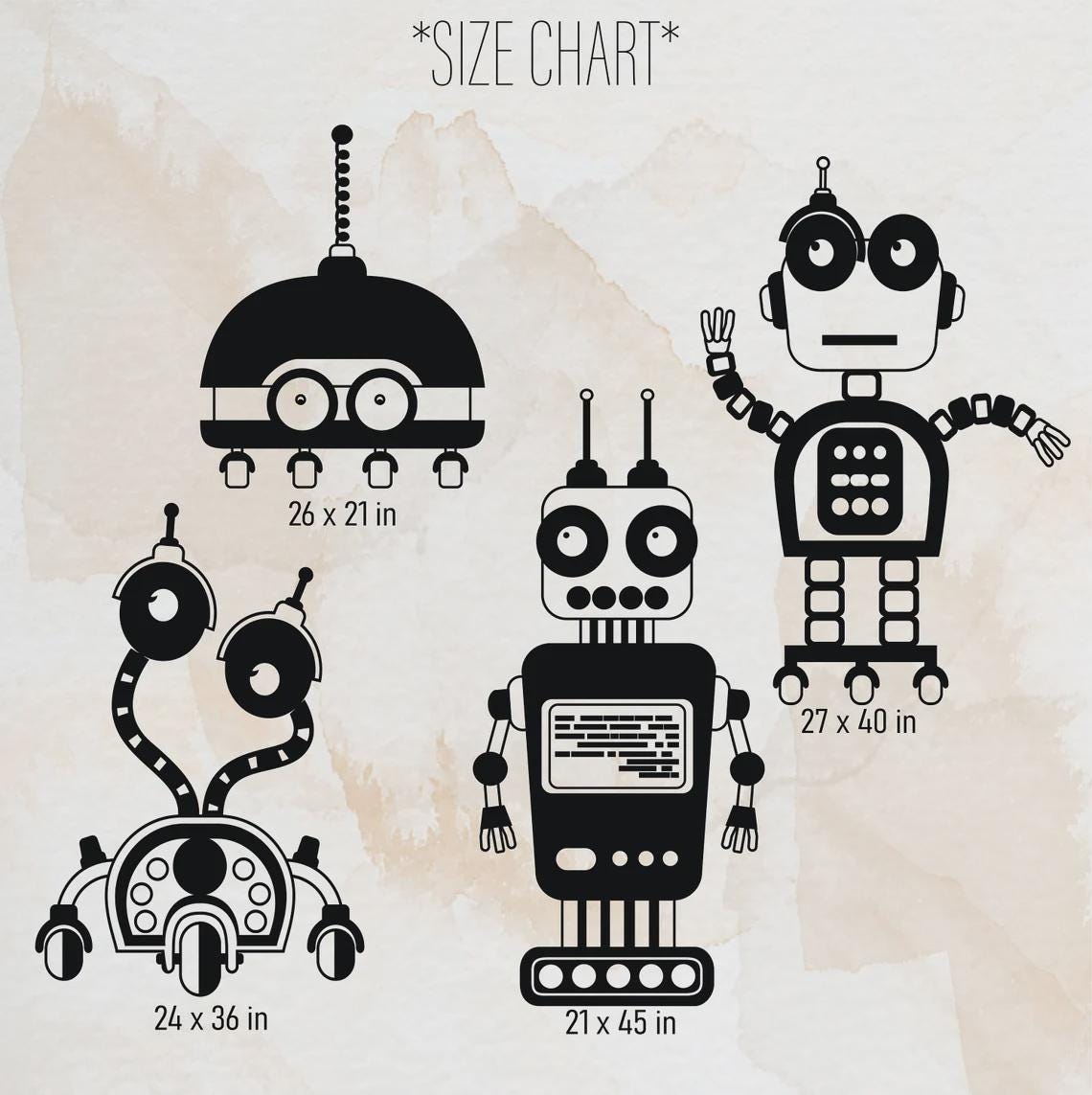 Close-up detail of robot wall decals set of matte vinyl finish