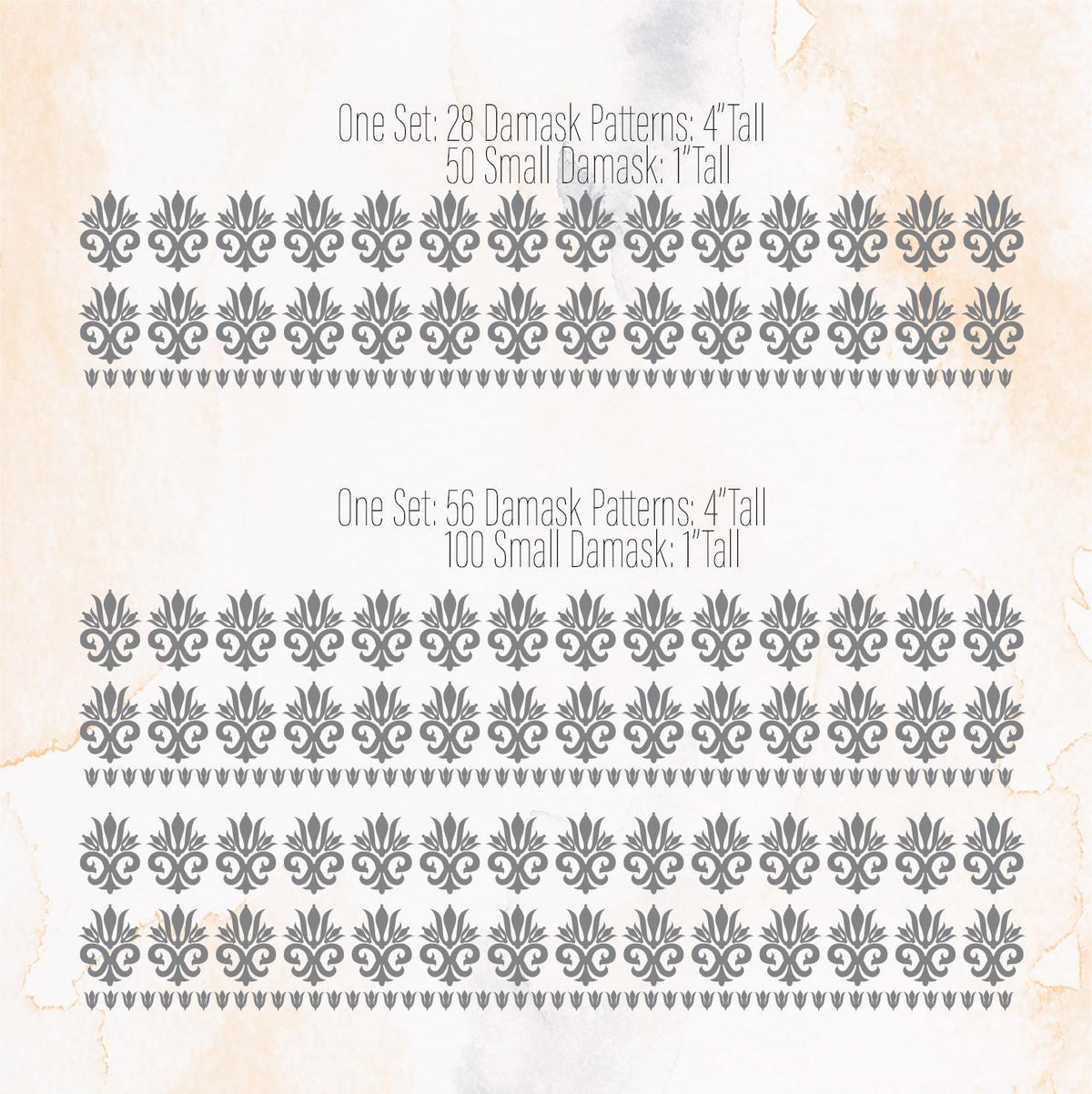 Close-up detail of damask wall decals set of 28 and 50 small or 56 and 100 small matte vinyl finish