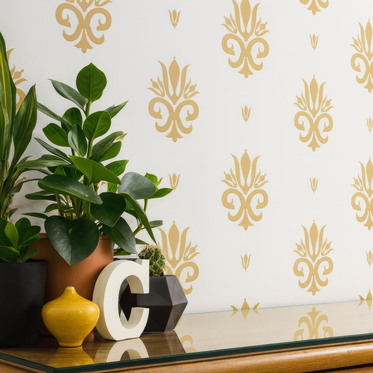 Damask Wall Decals Set of 28 and 50 Small or 56 and 100 Small installed on a styled wall