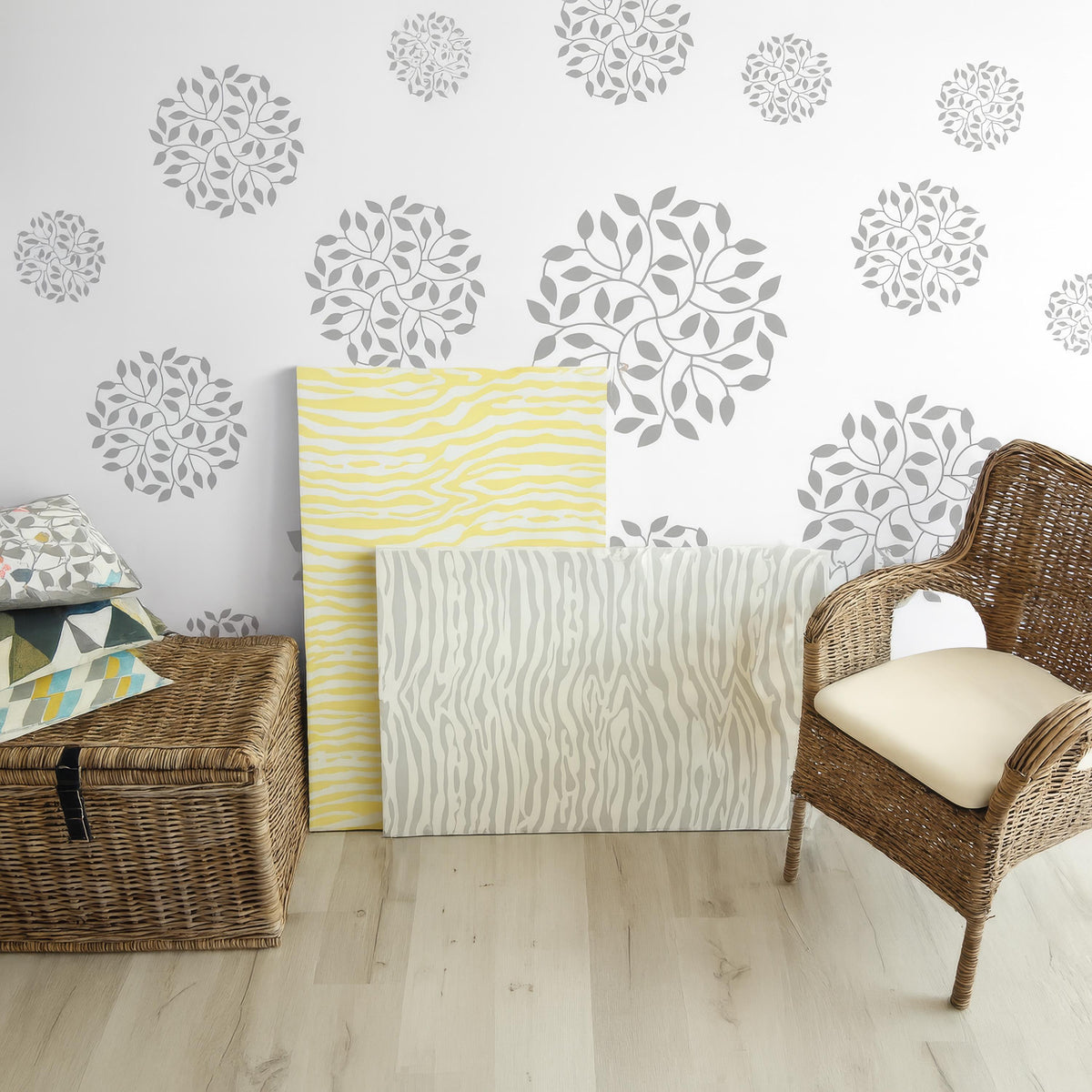 Abstract Flower Wall Decals Set of displayed in a styled space