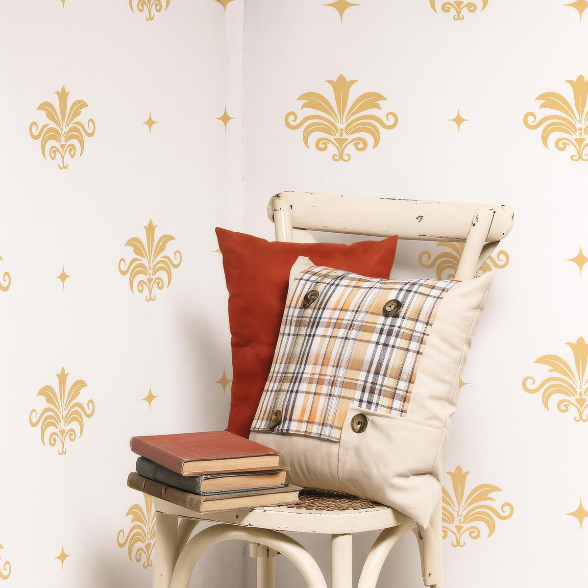 Floral Damask Wall Decals Set of 24 with 48 Small Stars or 48 with 96 Small Stars styled in a room setting