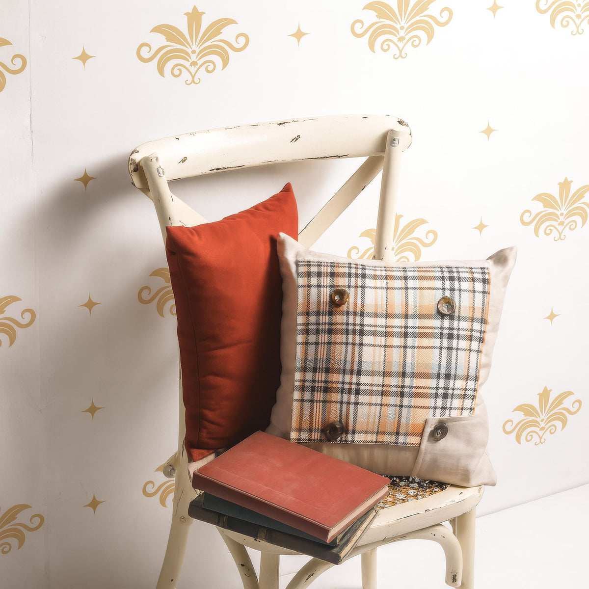 Floral Damask Wall Decals Set of 24 with 48 Small Stars or 48 with 96 Small Stars arranged on a feature wall