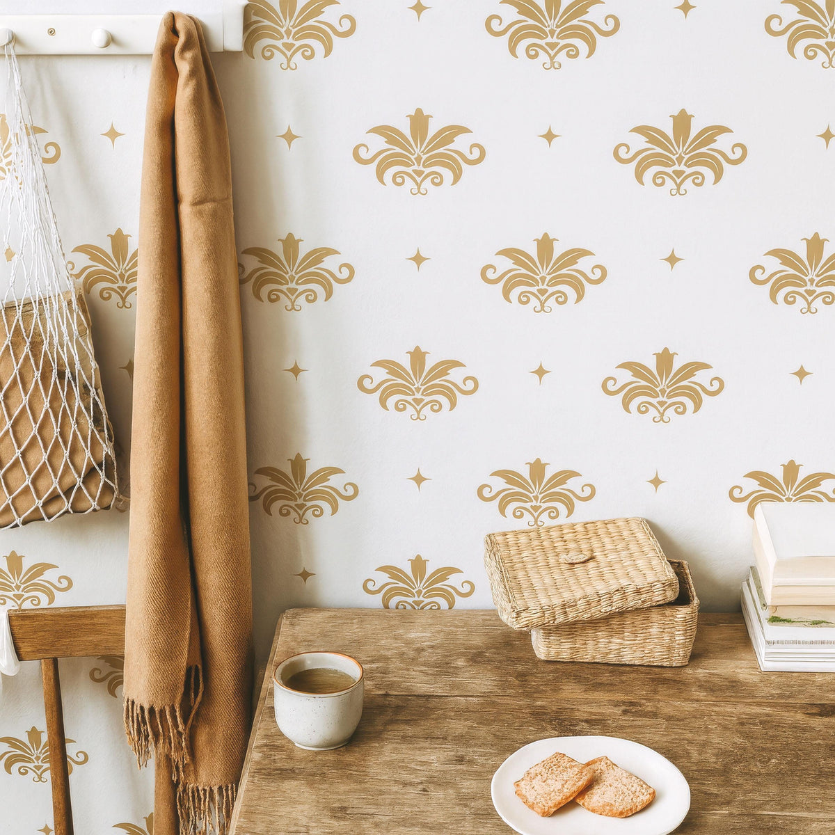 Floral Damask Wall Decals Set of 24 with 48 Small Stars or 48 with 96 Small Stars installed on a styled wall