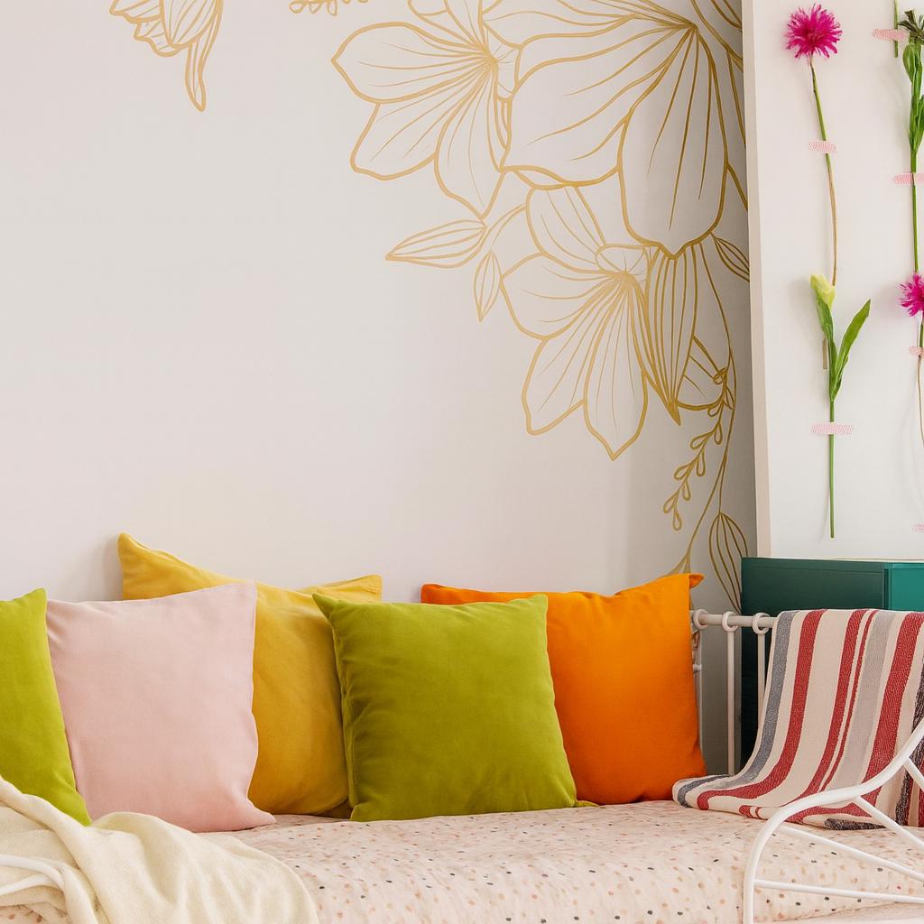 Floral Corner Wall Decal Set arranged on a feature wall