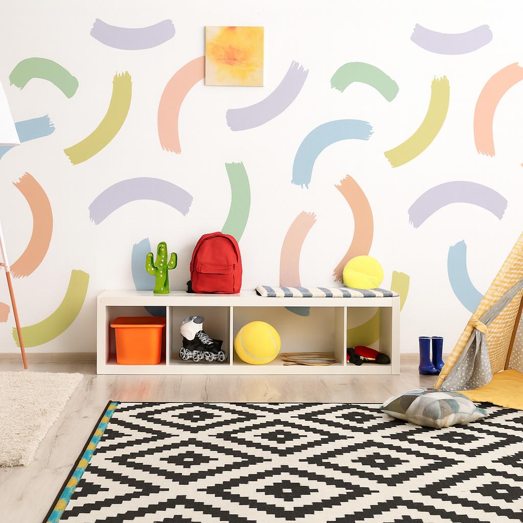 Rainbow Brush Stroke Wall Decals arranged on a feature wall