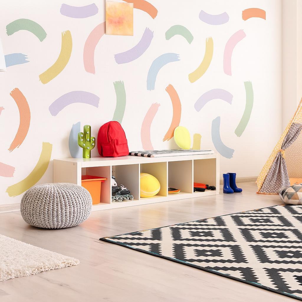 Rainbow Brush Stroke Wall Decals displayed in a styled space