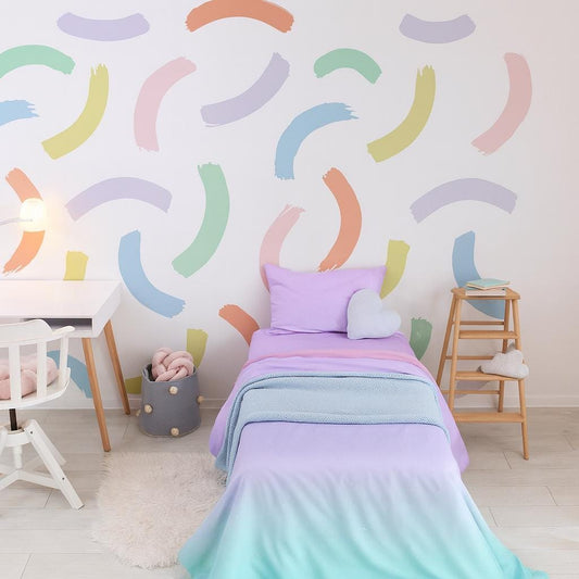 Rainbow Brush Stroke Wall Decals installed on a styled wall