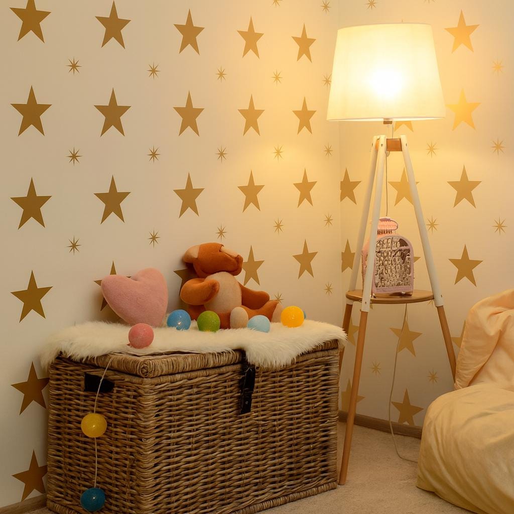 Star Wall Decals Set of 27 Big and 27 Small or 54 Big and 54 Small shown in a home interior