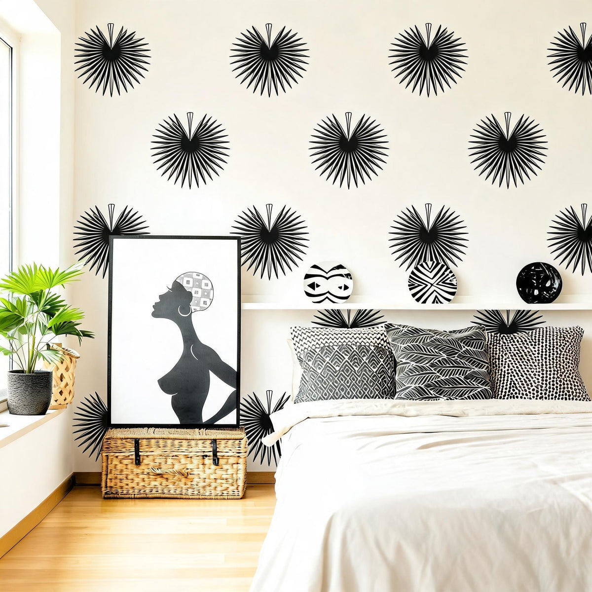 Close-up detail of palm leaf wall decal set matte vinyl finish