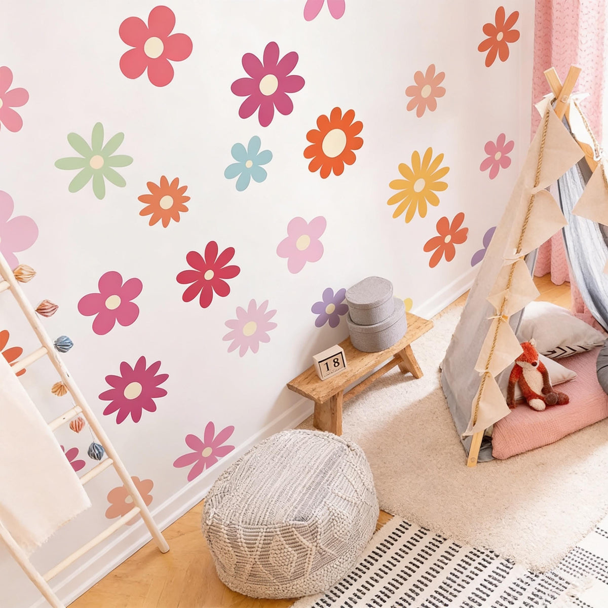 Colorful Flower Wall Decals displayed in a styled space