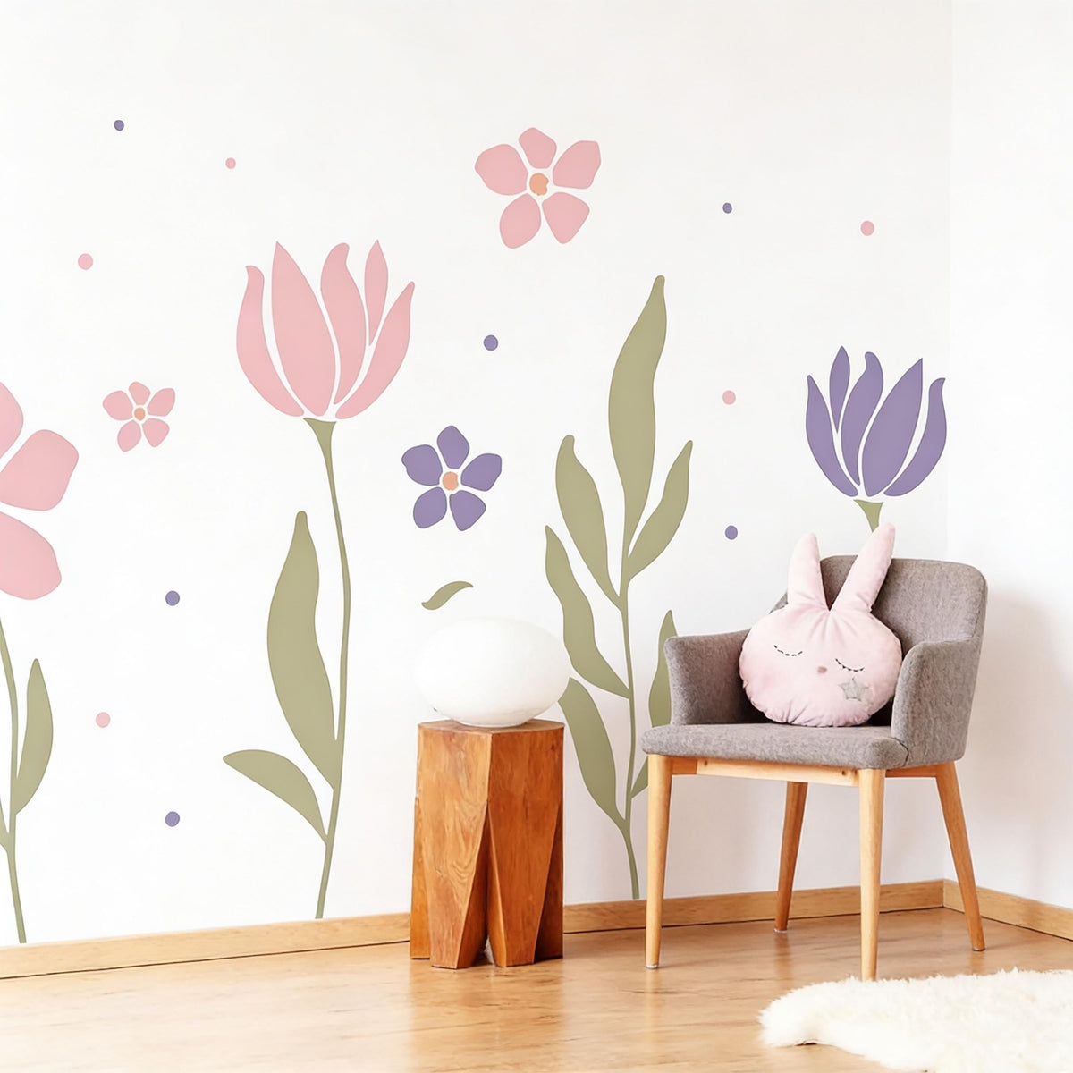 Pastel Flower Wall Decals installed on a styled wall