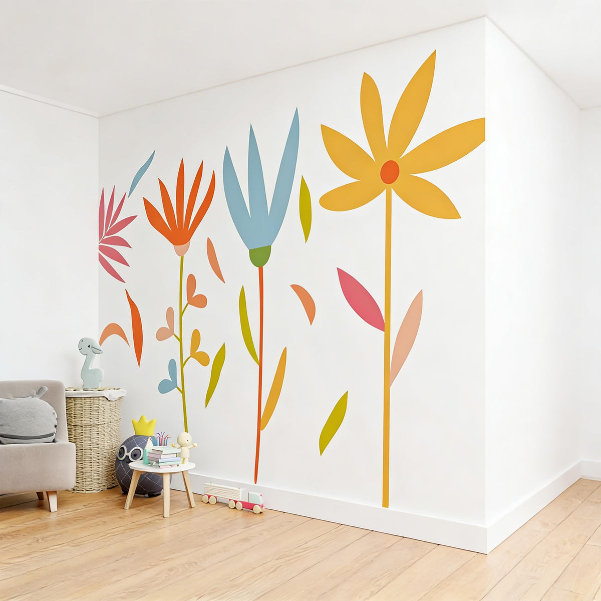 Colorful Flower Wall Decals arranged on a feature wall