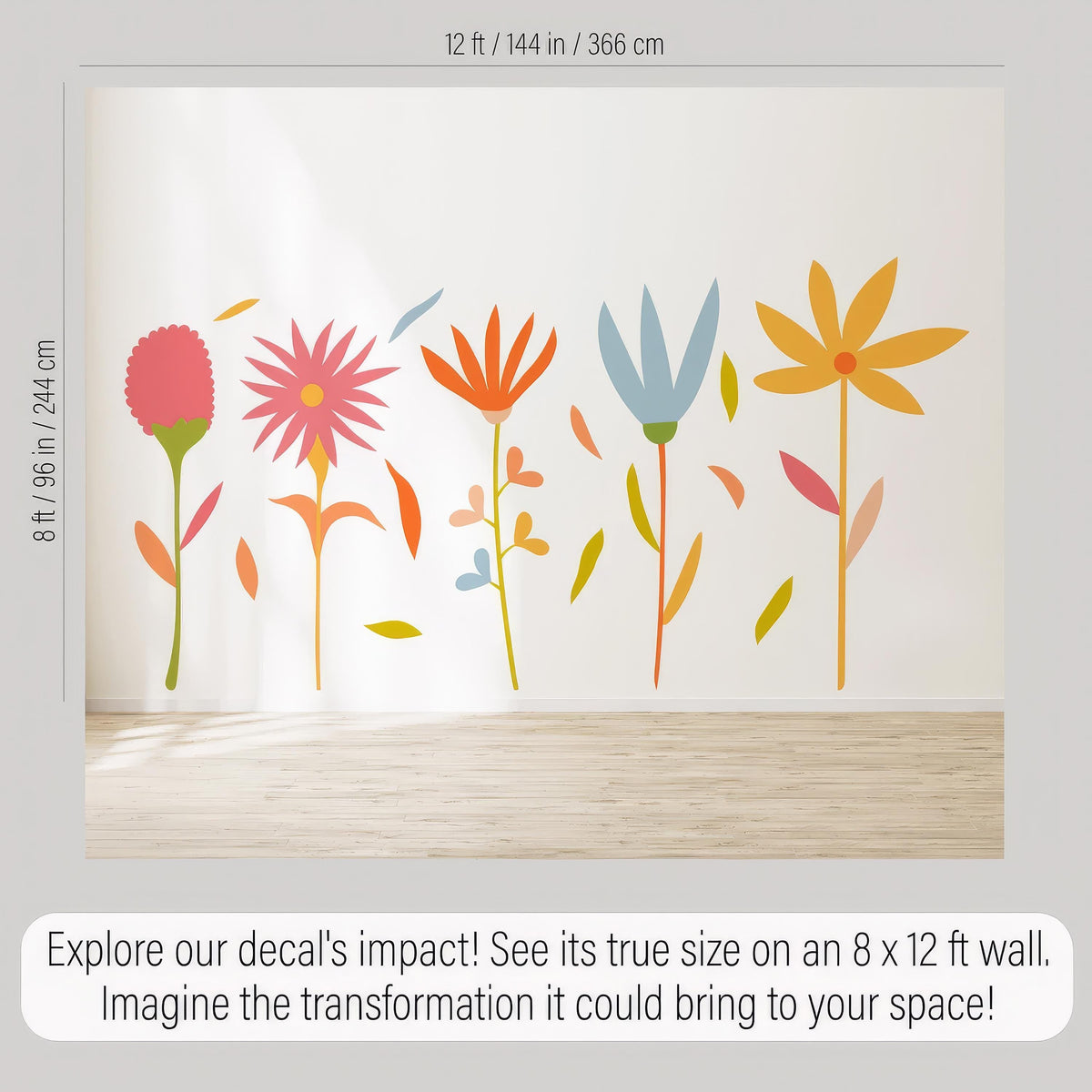 Close-up detail of colorful flower wall decals matte vinyl finish