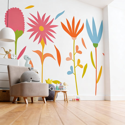 Colorful Flower Wall Decals installed on a styled wall