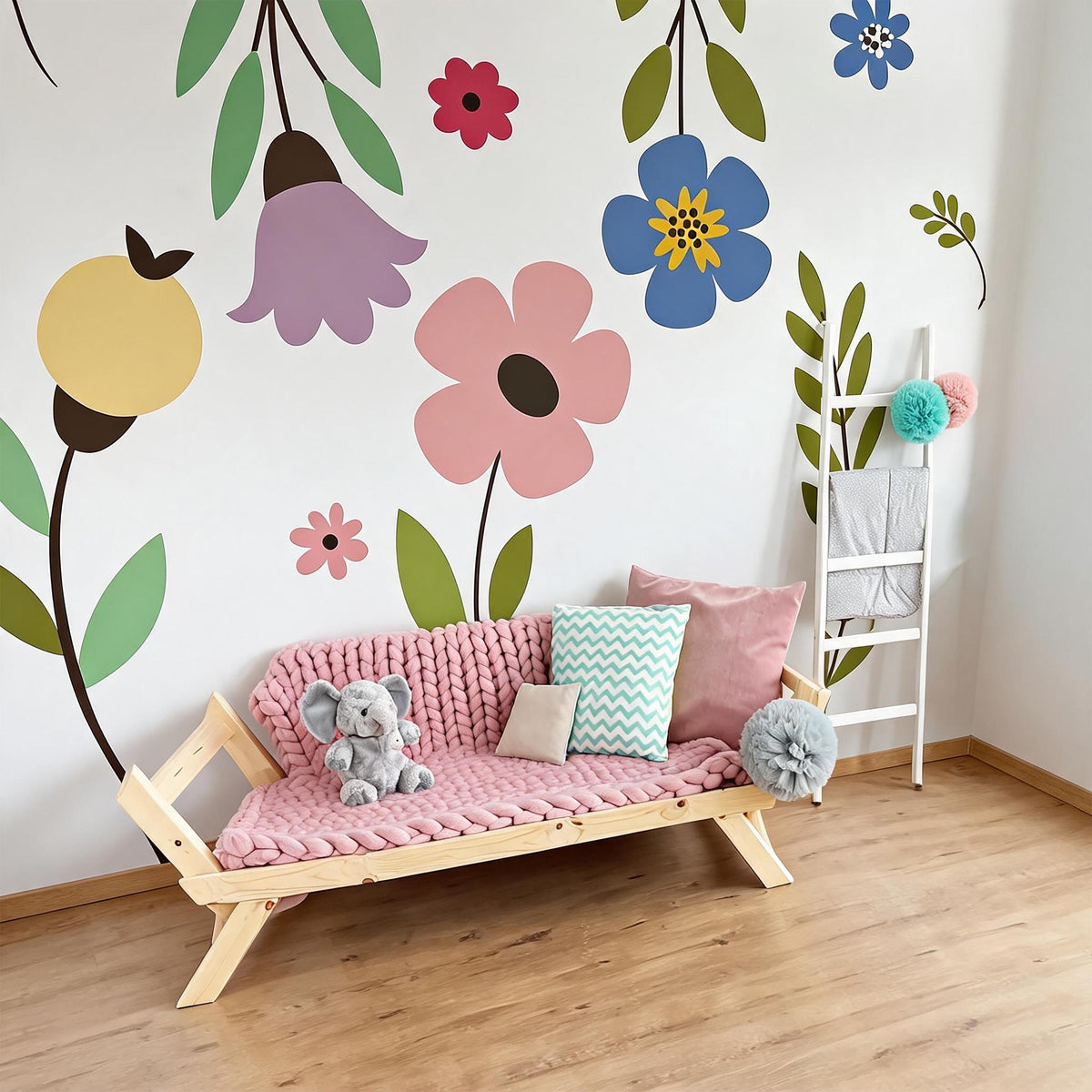 Colorful Flower Wall Decals installed on a styled wall