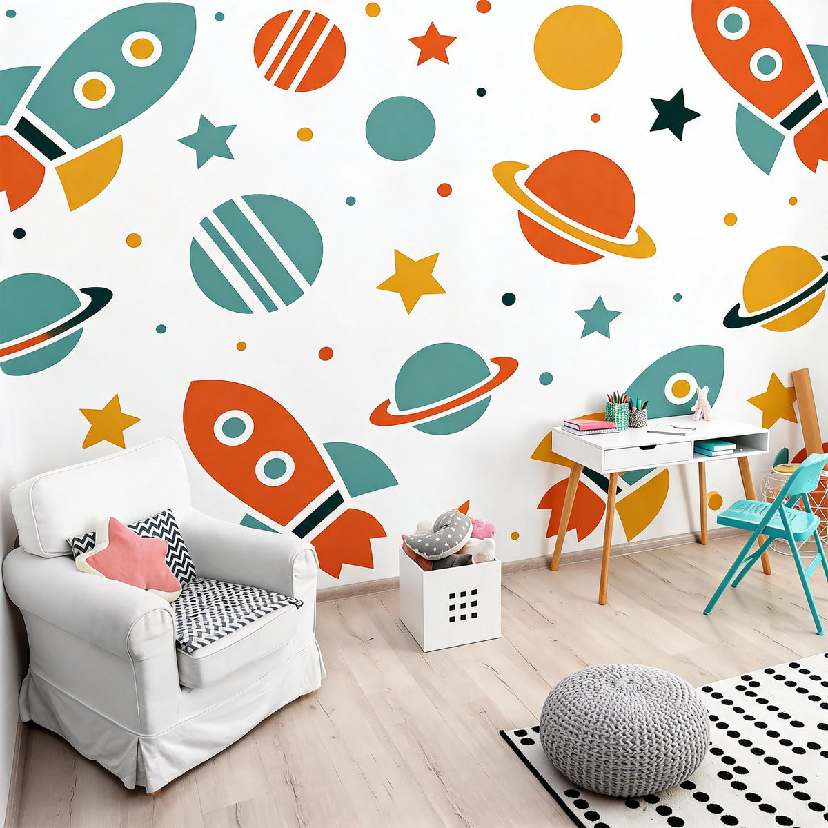 Space Wall Decals arranged on a feature wall