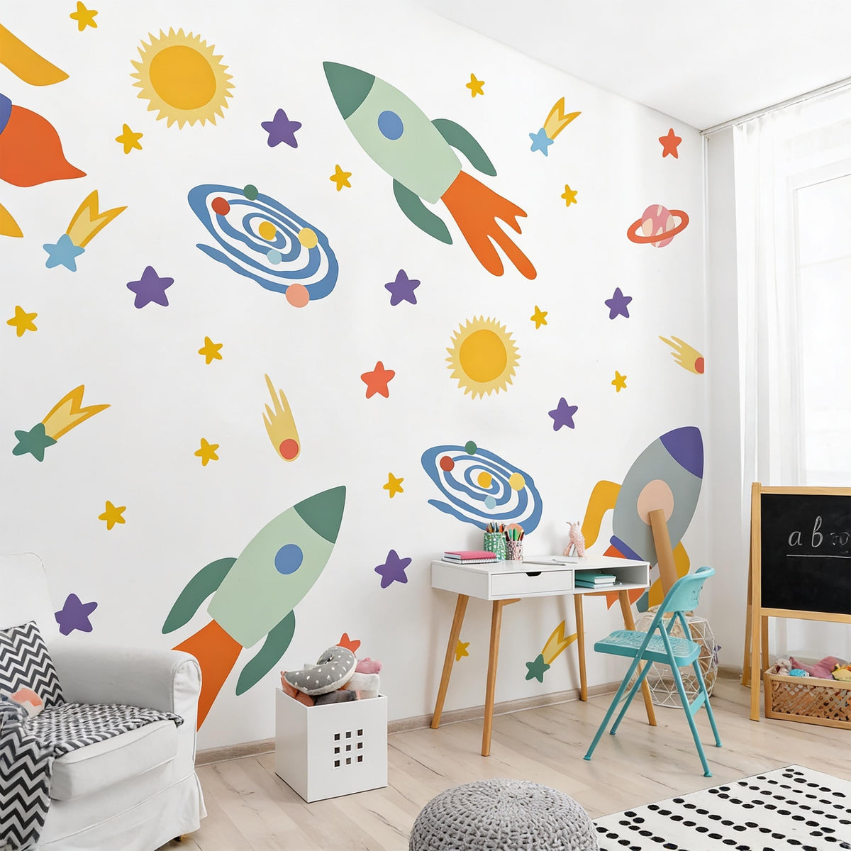 Space Wall Decals installed on a styled wall