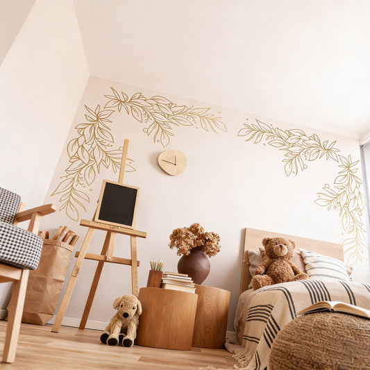 Floral Corner Wall Decal installed on a styled wall