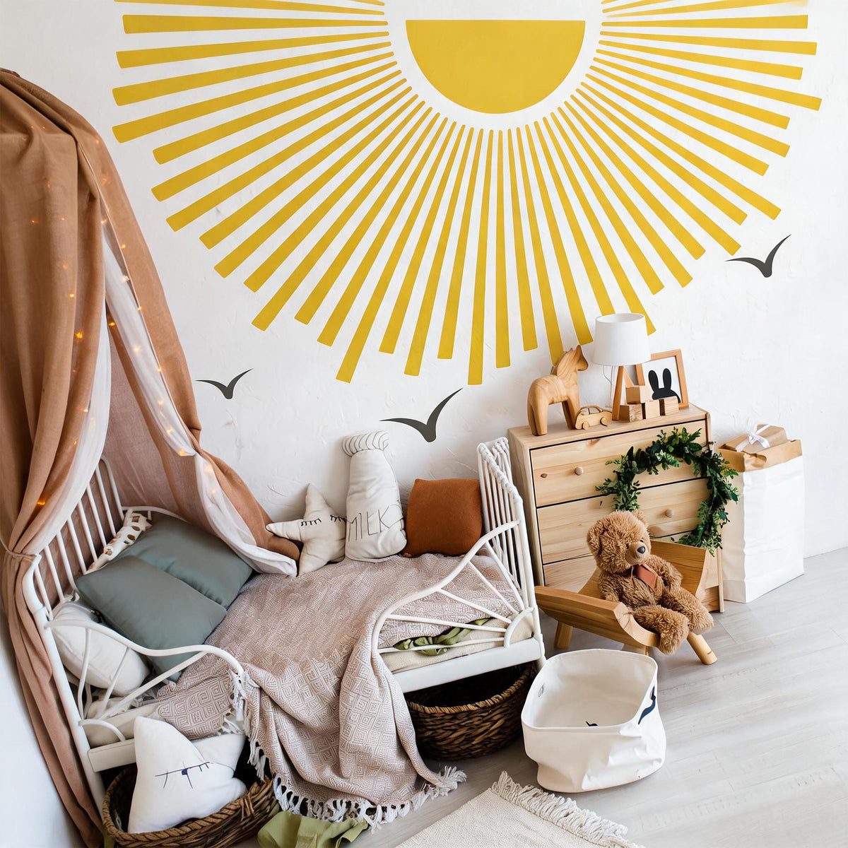 Sun Wall Decal Vinyl arranged on a feature wall