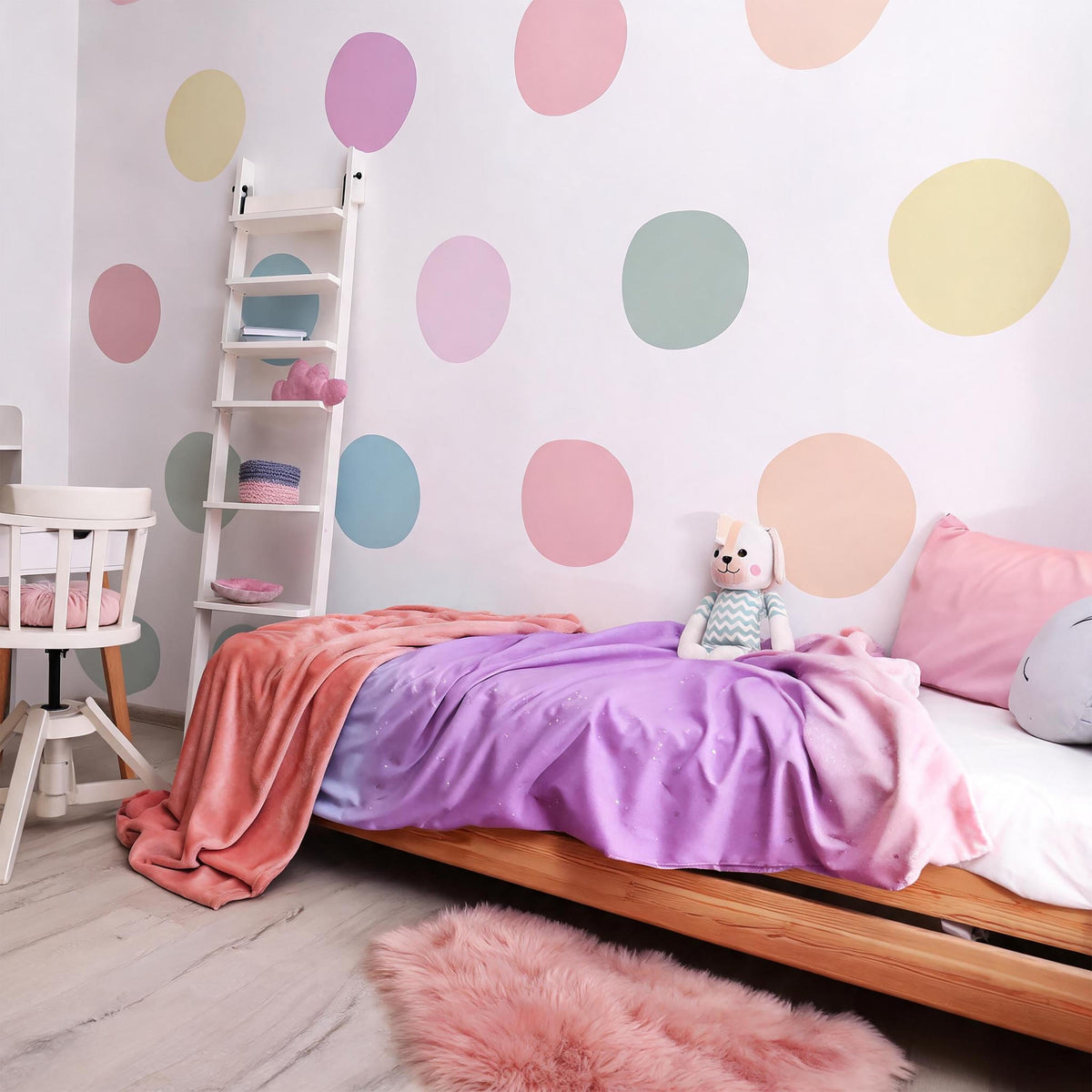 Polka Dot Wall Decals installed on a styled wall
