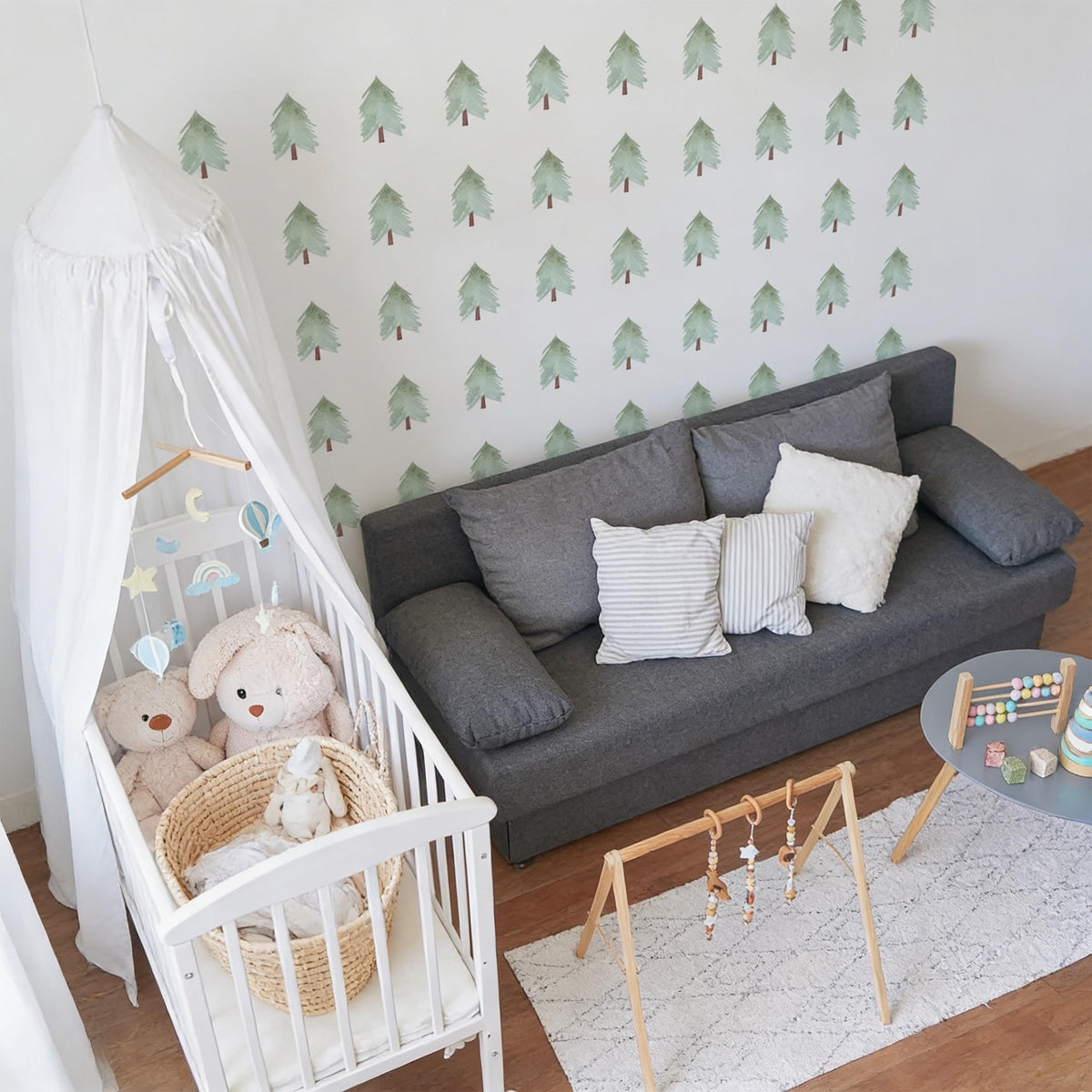 Pine Tree Wall Decals Vinyl arranged on a feature wall