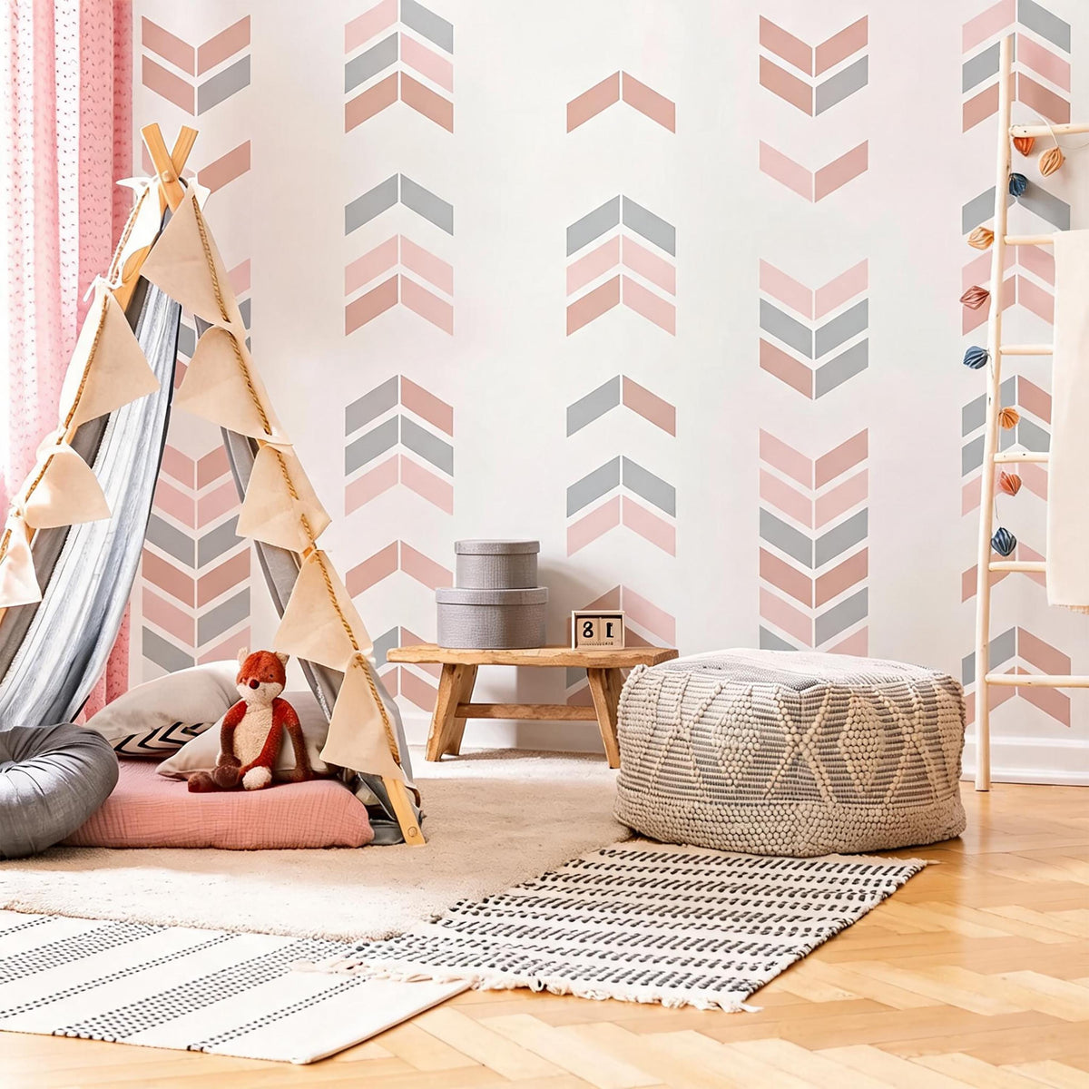 Herringbone Wall Decals Vinyl arranged on a feature wall