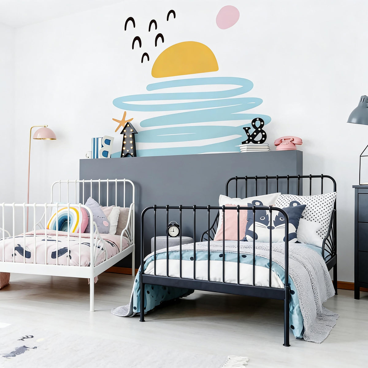 Abstract Sunset Wall Decals Vinyl arranged on a feature wall
