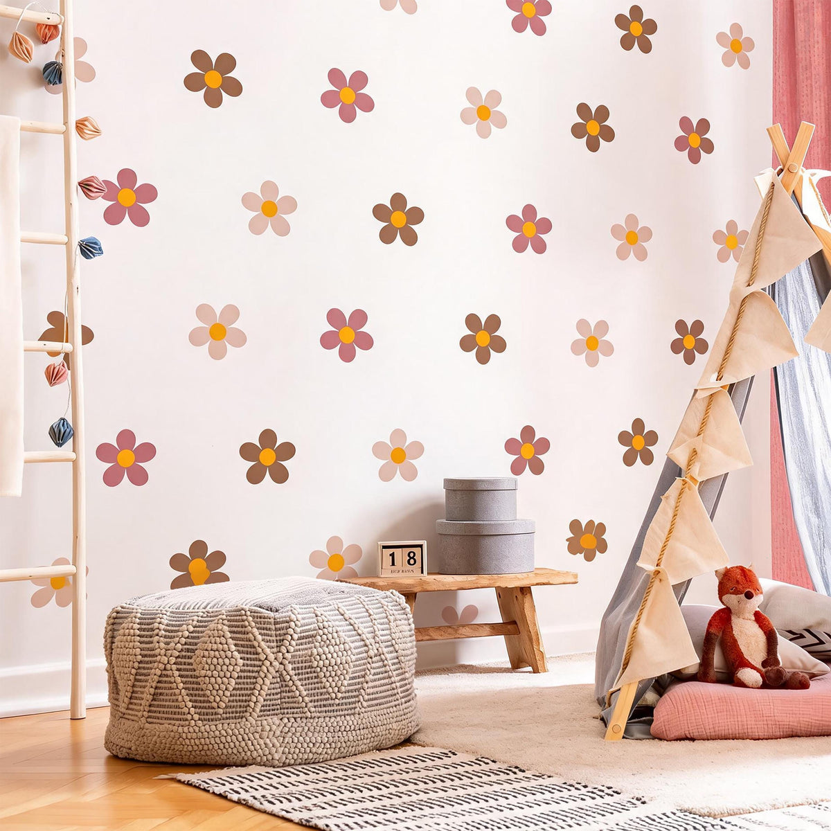 Retro Flower Wall Decals Vinyl displayed in a styled space