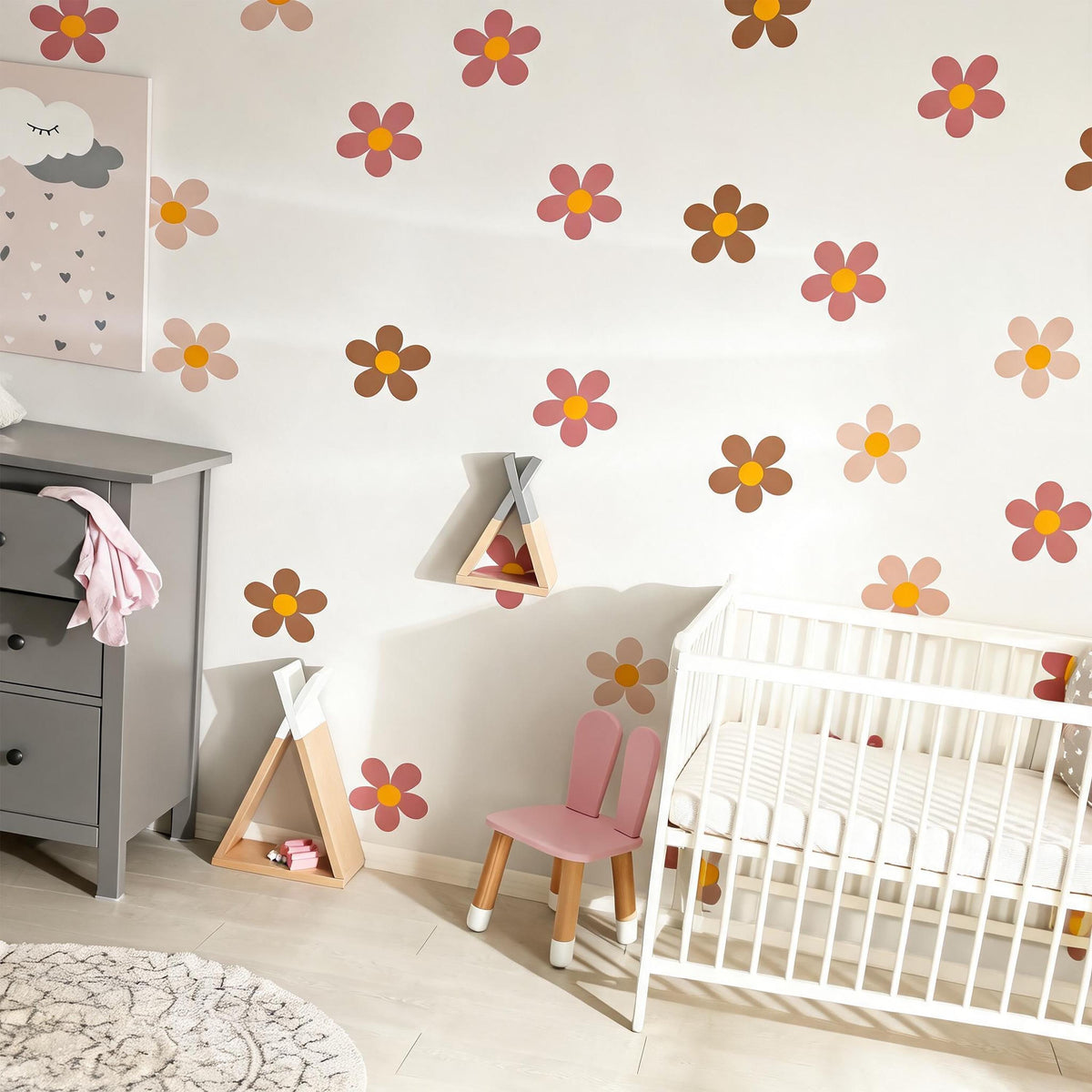 Retro Flower Wall Decals Vinyl shown in a home interior