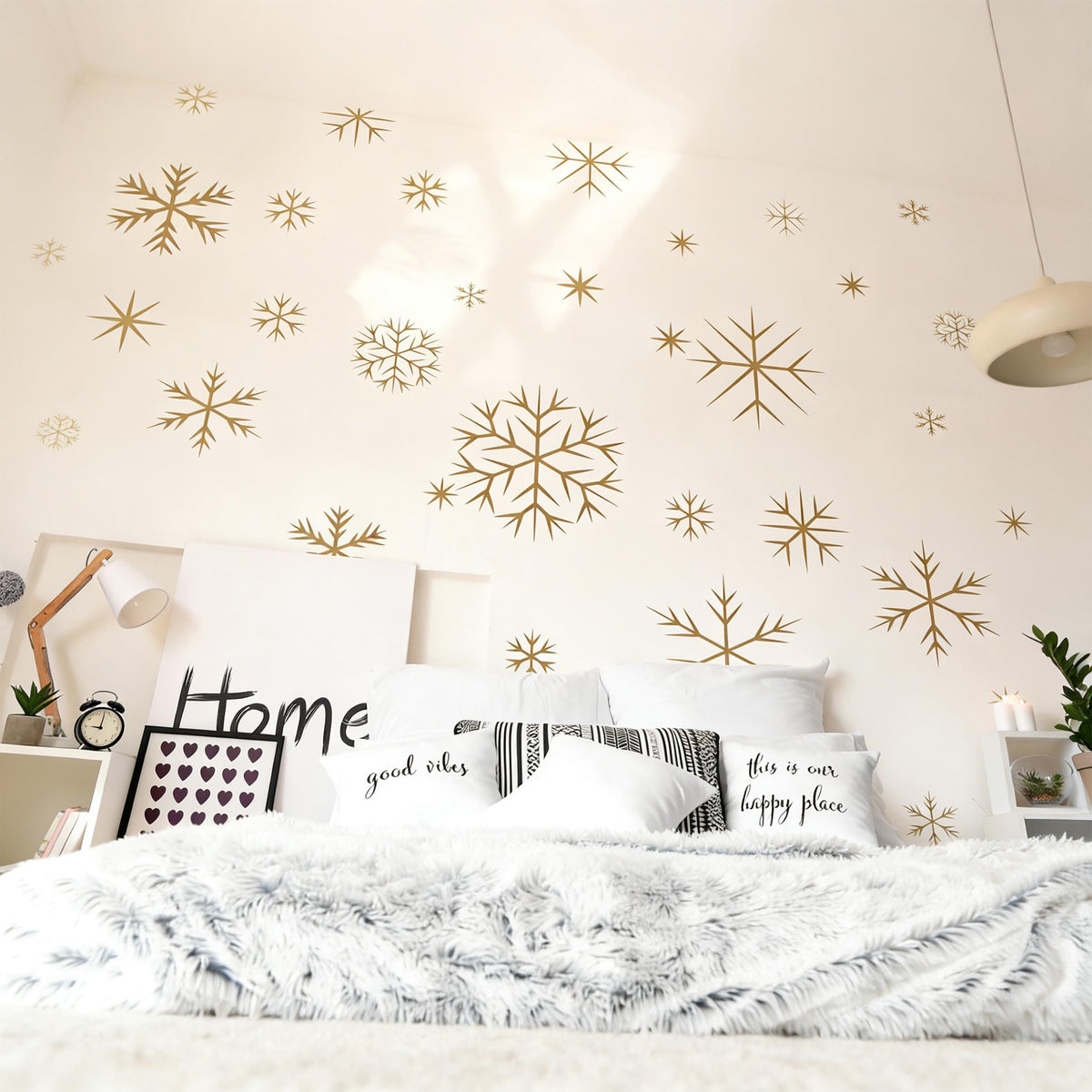 Snowflake Wall Decals Vinyl installed on a styled wall