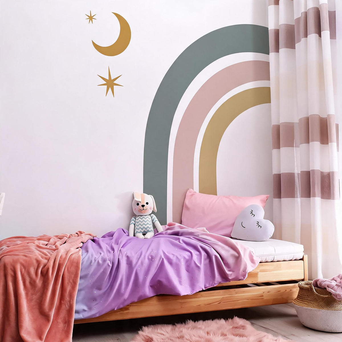Rainbow Wall Decal Vinyl arranged on a feature wall