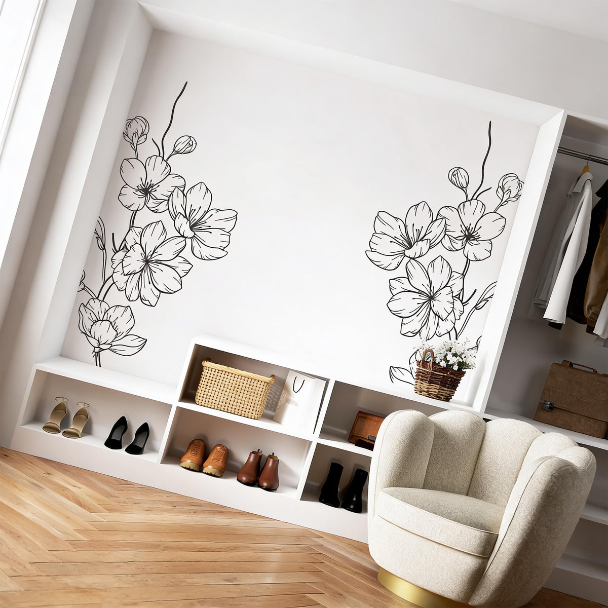 Floral Corner Wall Decals installed on a styled wall