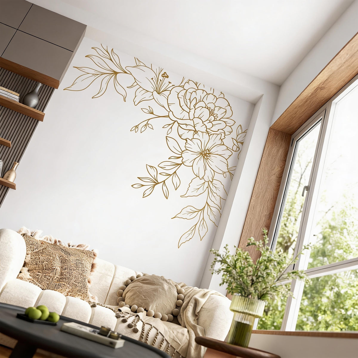 Floral Corner Wall Decals arranged on a feature wall