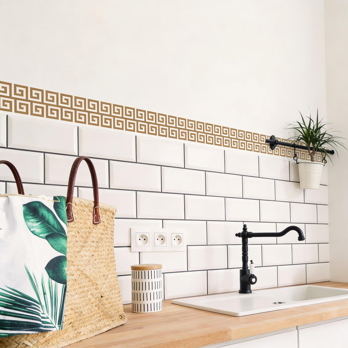 Greek Key Wall Decal Border installed on a styled wall