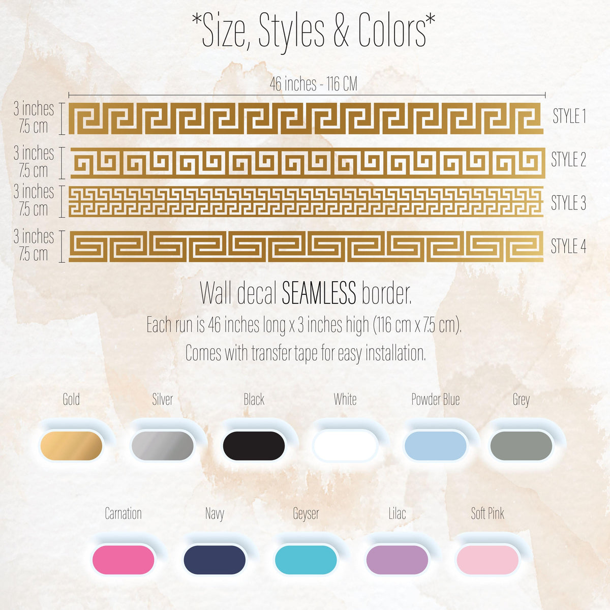 Close-up detail of greek key wall decal border matte vinyl finish