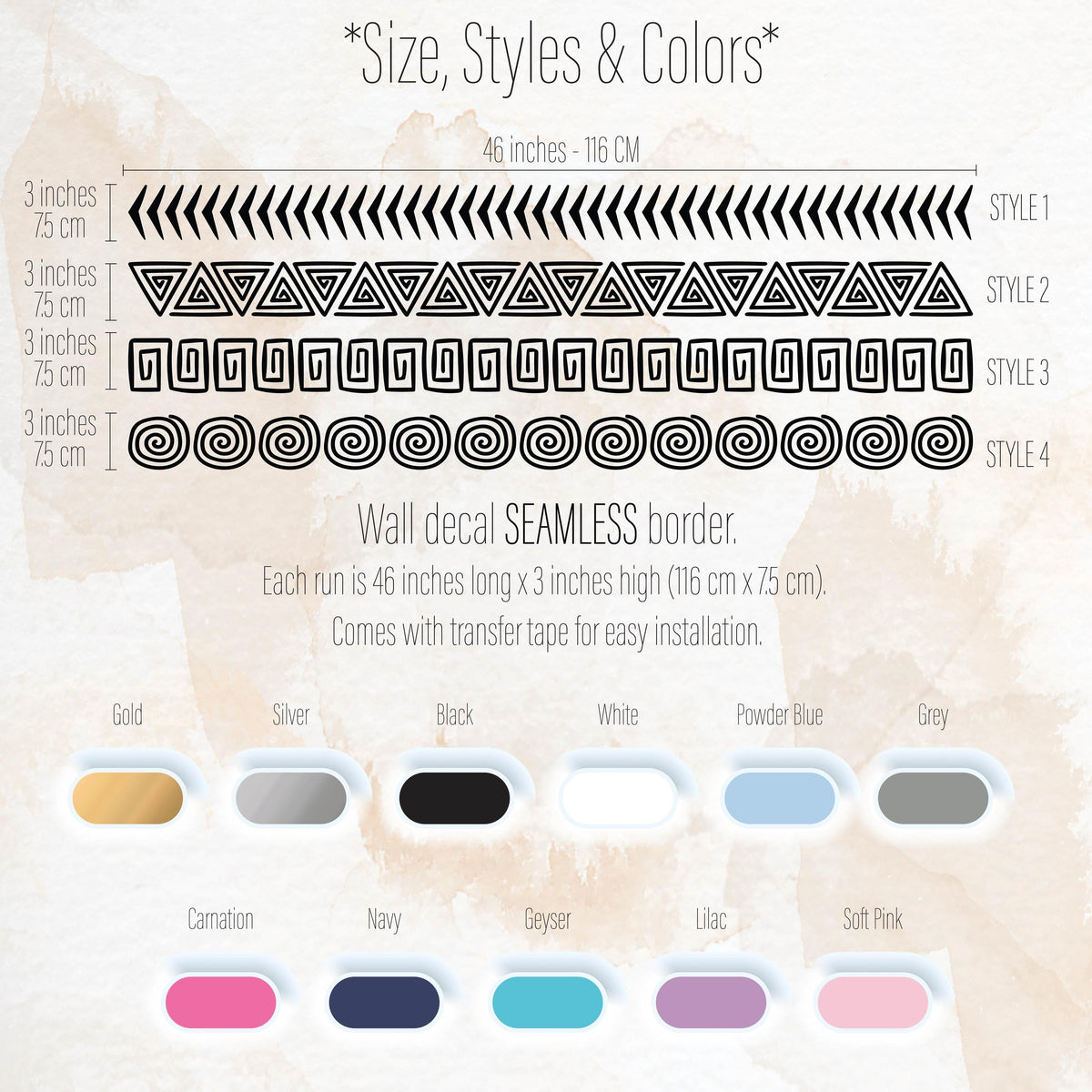 Color and size reference for Greek Key Wall Decal Border