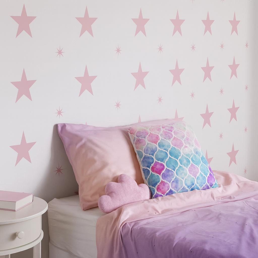 Star Wall Decals Set of 27 Big and 27 Small or 54 Big and 54 Small styled in a room setting