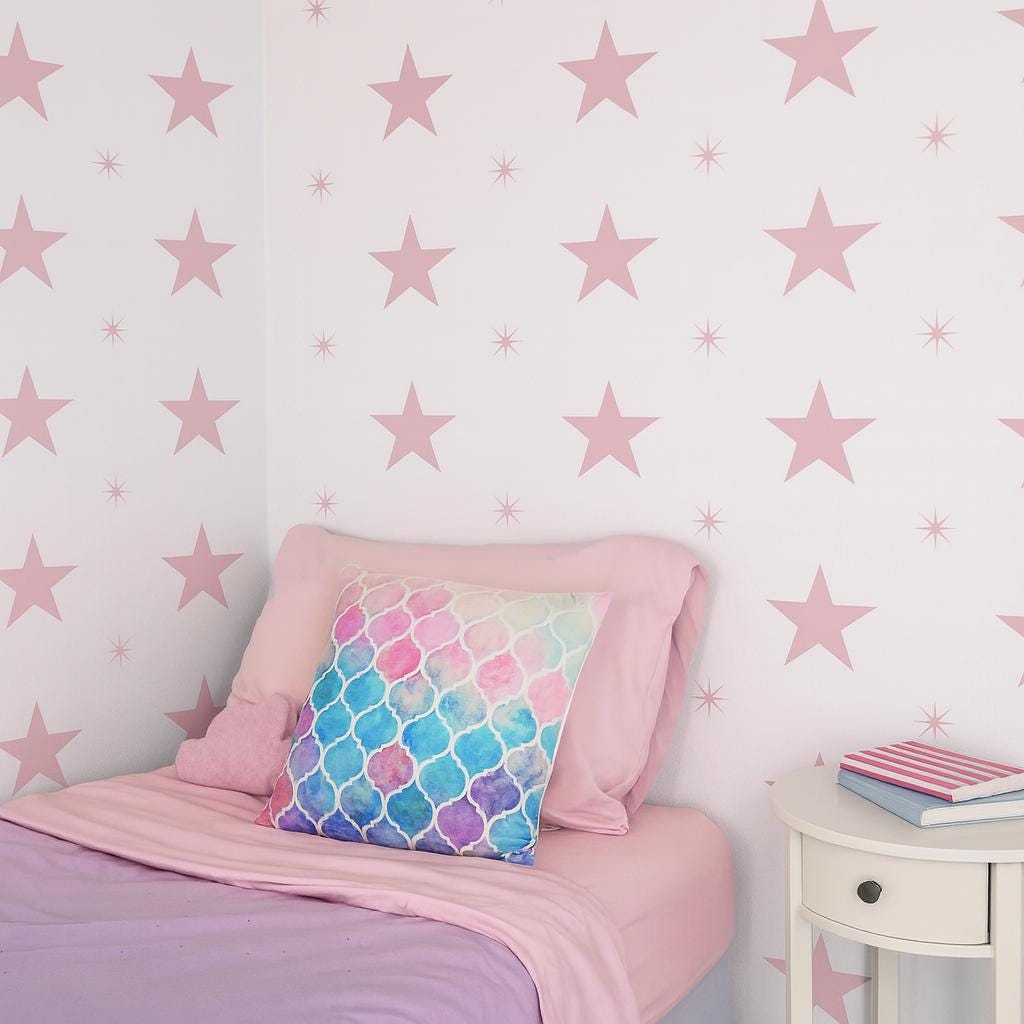 Star Wall Decals Set of 27 Big and 27 Small or 54 Big and 54 Small arranged on a feature wall