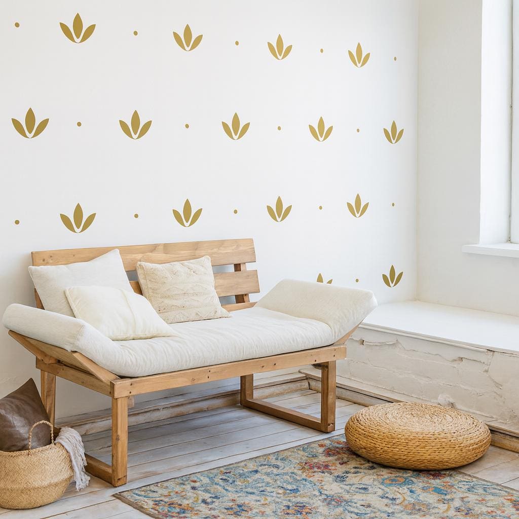 Lotus Wall Decals Set of 44 with 88 Dots or 88 with 176 Dots installed on a styled wall