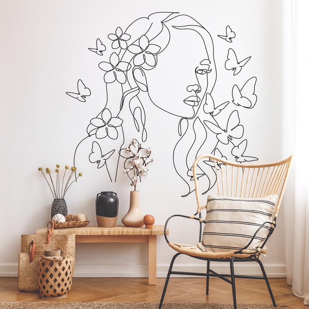 Floral Head Wall Decal arranged on a feature wall