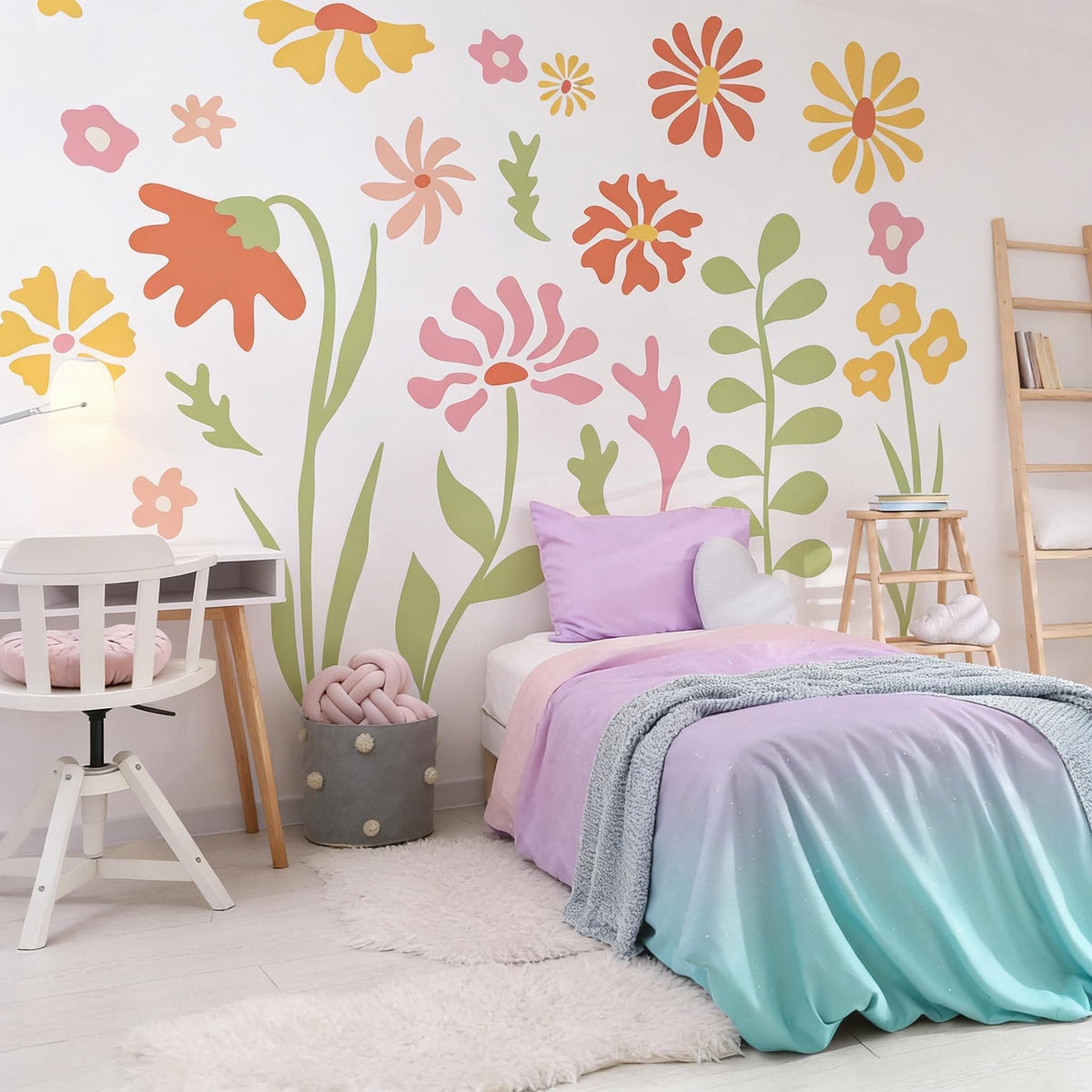 Retro Floral Wall Decals displayed in a styled space