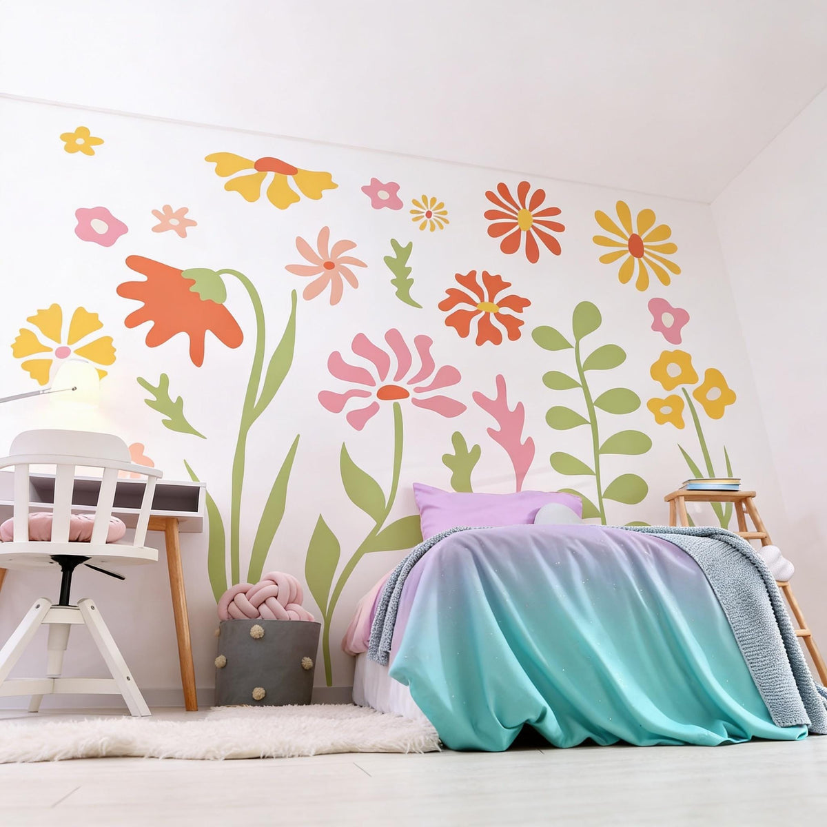 Retro Floral Wall Decals arranged on a feature wall