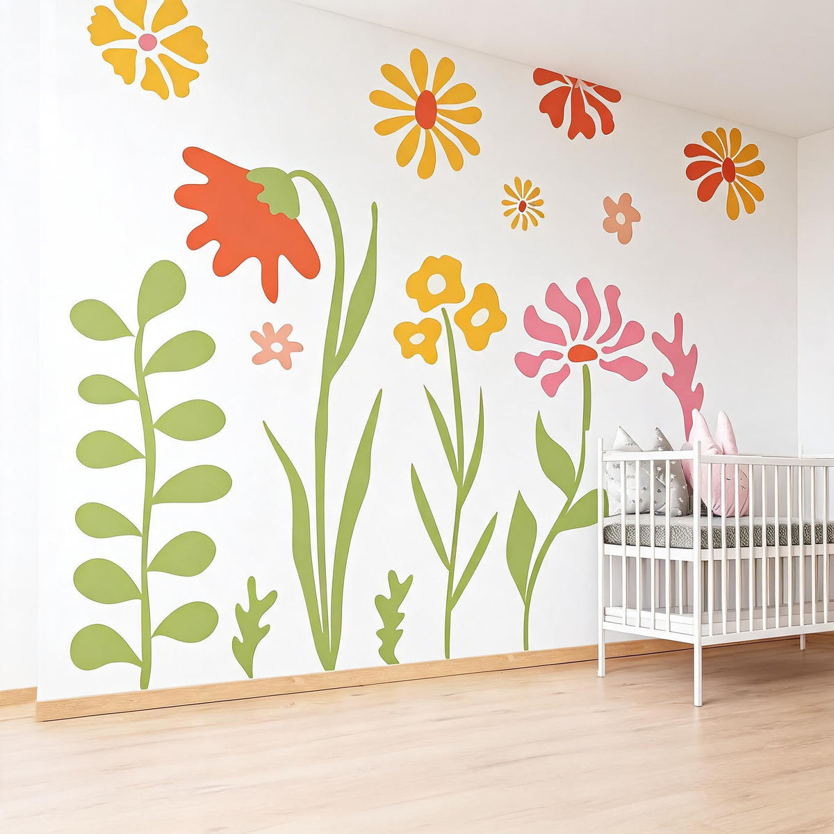 Retro Floral Wall Decals installed on a styled wall