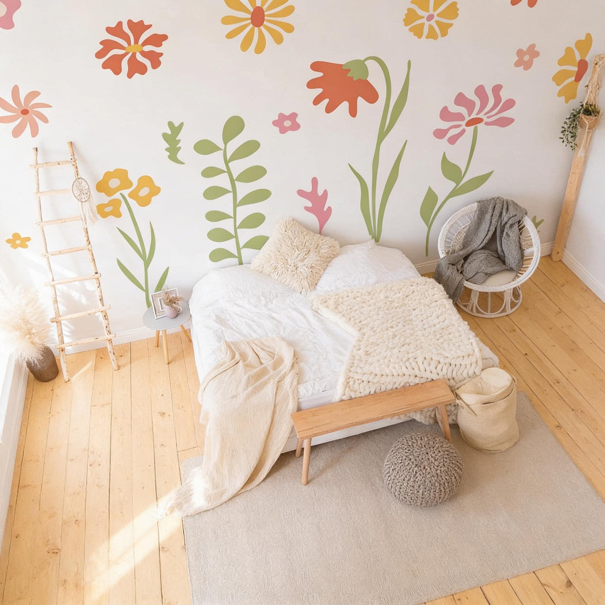 Retro Floral Wall Decals size reference on a wall